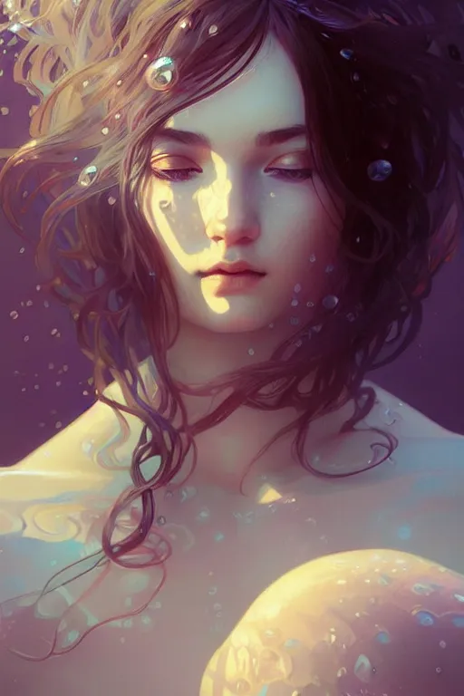 Image similar to a very beautiful water elemental girl, fantasy, portrait, sharp focus, intricate, elegant, digital painting, artstation, matte, highly detailed, concept art, illustration, ambient lighting, art by ilya kuvshinov, artgerm, Alphonse mucha, and Greg Rutkowski