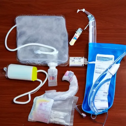 Prompt: saxophone made out of clear tubing, syringes, urine collection bag, iv pole, fluid bag, nebulizer equipment, bag - valve mask, defibrillator, coban