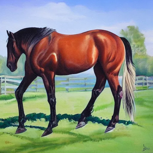 Prompt: A very beautiful painting of a horse next to a cottage