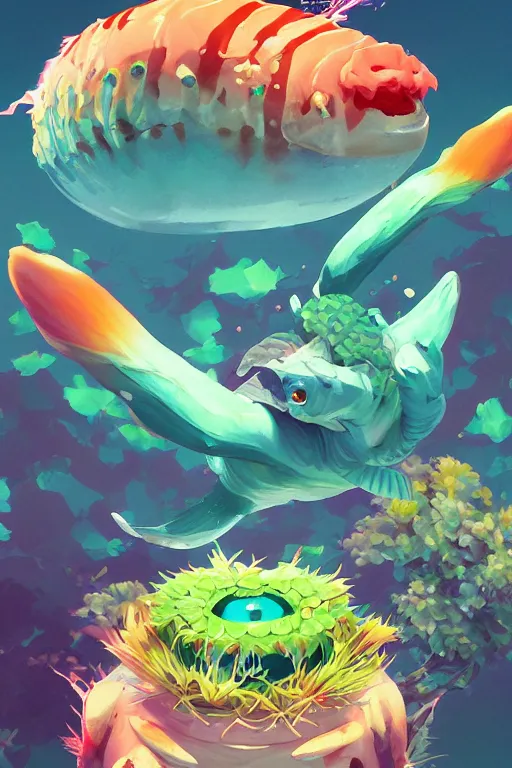 Image similar to 3 d render creature animal sushi cristal very big eye roots cactus elemental flush of force nature micro world fluo fishscale, comics gta 5 cover, official fanart behance hd artstation by jesper ejsing, by rhads, makoto shinkai and lois van baarle, ilya kuvshinov, ossdraws