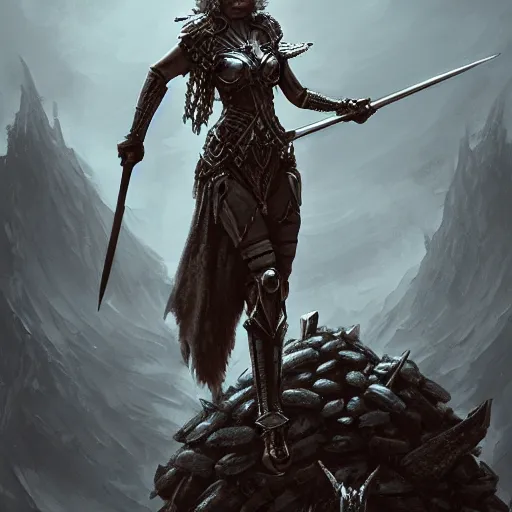 Image similar to valkyrie standing triumphantly atop a pile of bones, epic fantasy, insane details, illustration, artstation, intricate, sharp focus, elegant, concept art