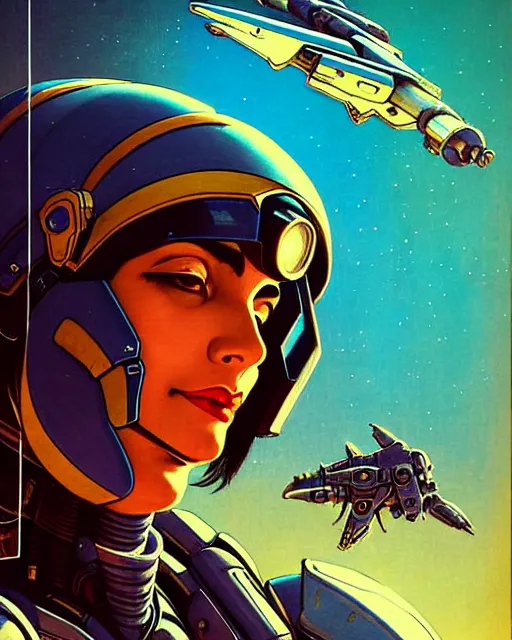 Image similar to pharah from overwatch, battletech, character portrait, portrait, close up, concept art, intricate details, highly detailed, vintage sci - fi poster, retro future, vintage sci - fi art, in the style of chris foss, rodger dean, moebius, michael whelan, and gustave dore