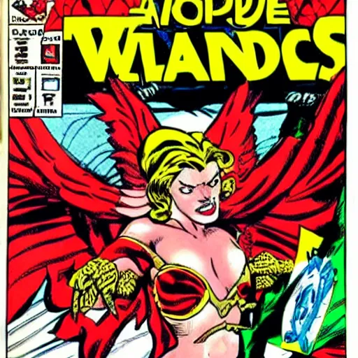 Image similar to a female wizard with wings snarls at her superhero enemy, comic book cover by todd mcfarlane