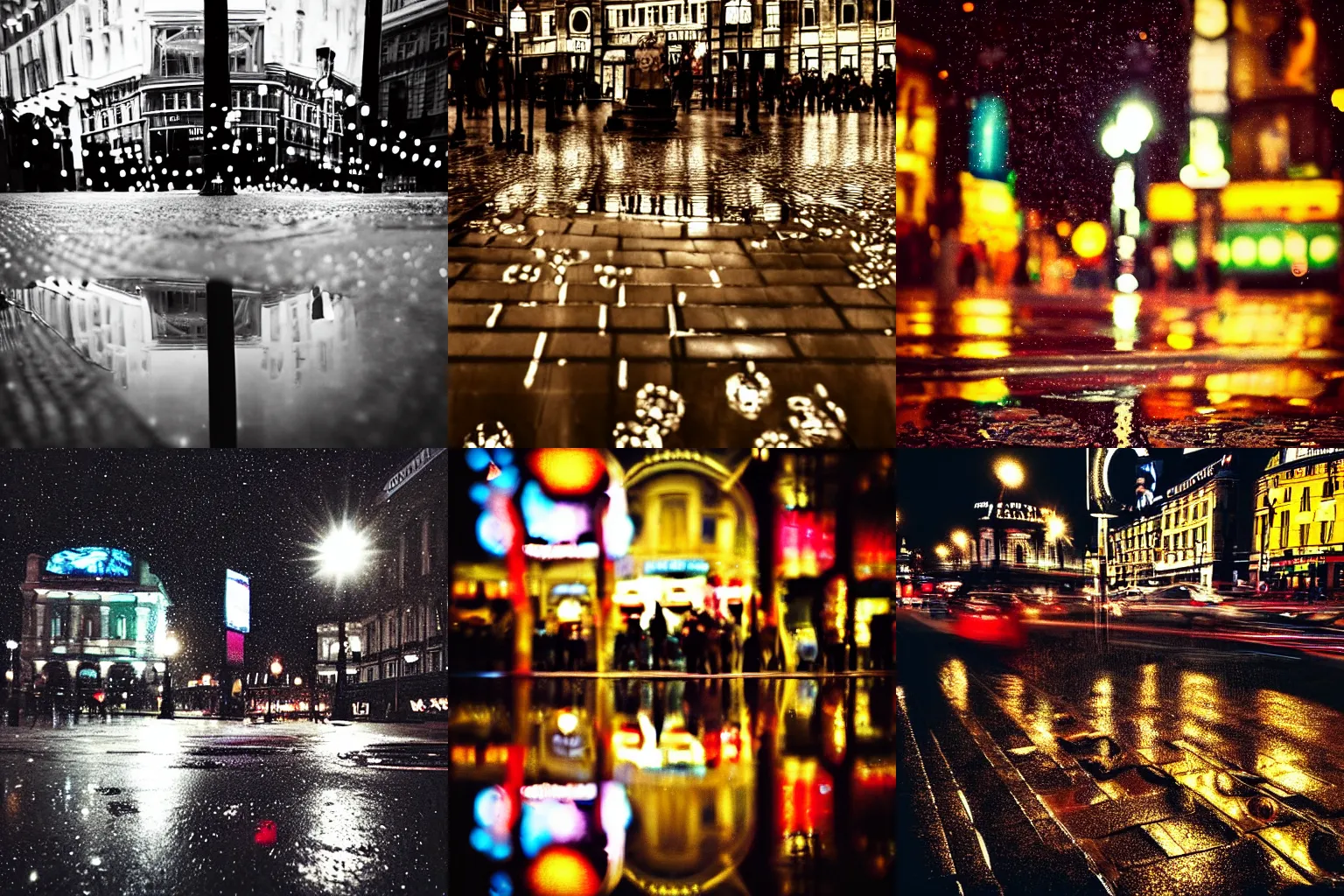 Prompt: “reflection in a puddle of the lights in piccadilly circus, bokeh effect, overcast”