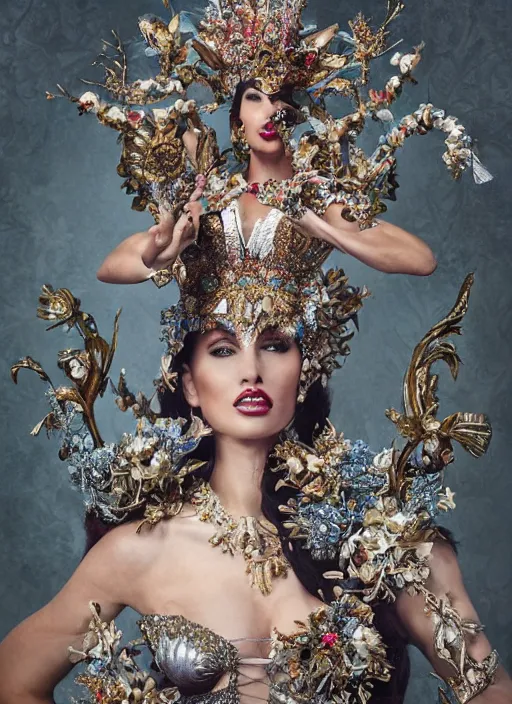 Prompt: expressive full body photo of a miss universe in creative costume, ornate headpiece made from flowers, ornaments, glamour shot by stefan gesell, photorealistic, canon r 3, fashion photography, hyper maximalist, sharp focus, ornate, elegant, luxury and elite, environmental portrait, symmetrical features, octane render, unreal engine, solid dark grey background, dramatic lights