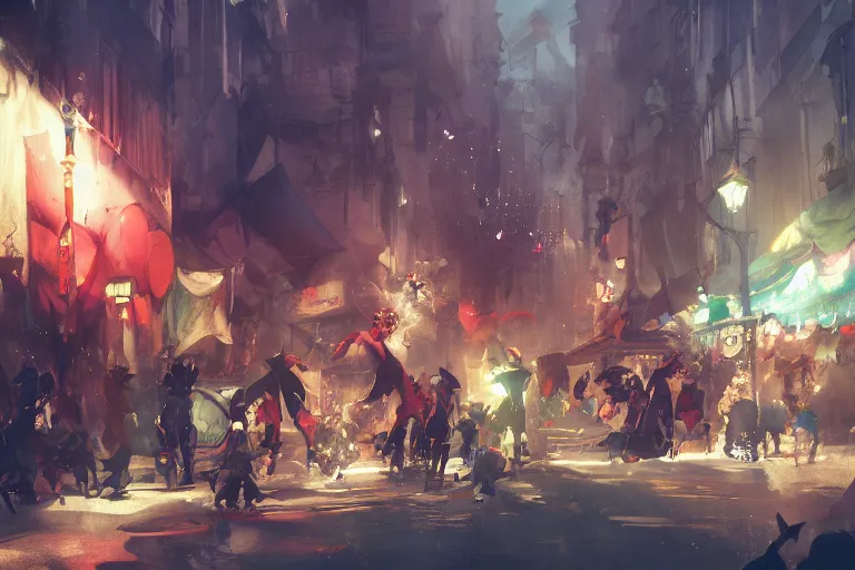 Prompt: street carnival, street party , cinematic lighting, dramatic atmosphere, by Dustin Nguyen, Akihiko Yoshida, Greg Tocchini, Greg Rutkowski, Cliff Chiang, 4k resolution, trending on artstation