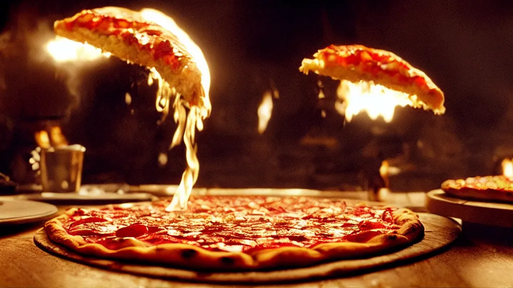 Image similar to glowing oil, on a pizza, film still from the movie directed by denis villeneuve and david cronenberg with art direction by salvador dali and dr. seuss