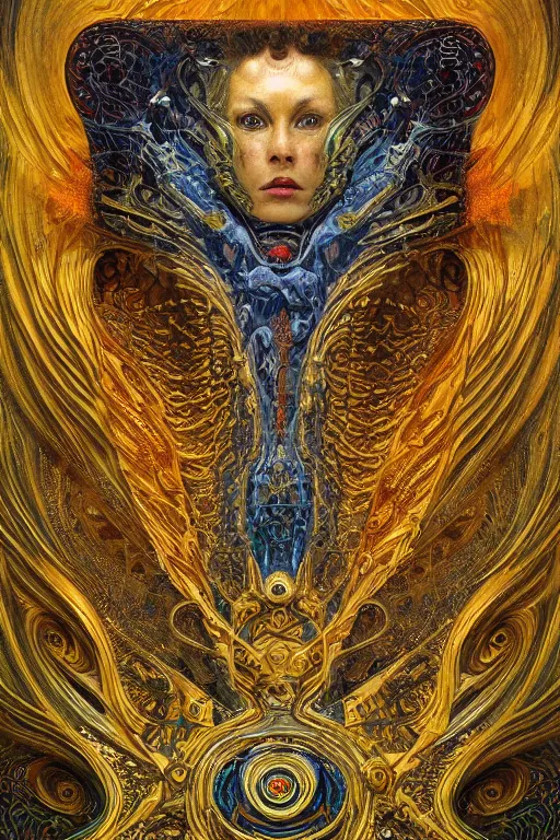 Image similar to Divine Chaos Engine by Karol Bak, Jean Deville, Gustav Klimt, and Vincent Van Gogh, visionary fractal structures, ornate gilded medieval icon, spirals, 8k 3D