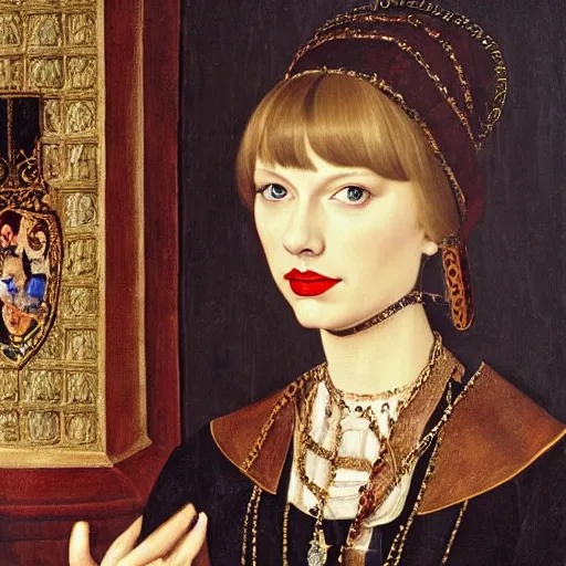 Image similar to a highly detailed portrait of taylor swift, wearing elegant tudor clothes, inside a room with thick red tapestries, oil painting by hans holbein and alessandro allori and richard burbage