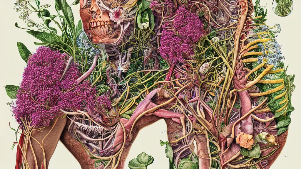 Image similar to highly detailed illustration of a human anatomy body exploded by all the known species of flowers by oliver vernon