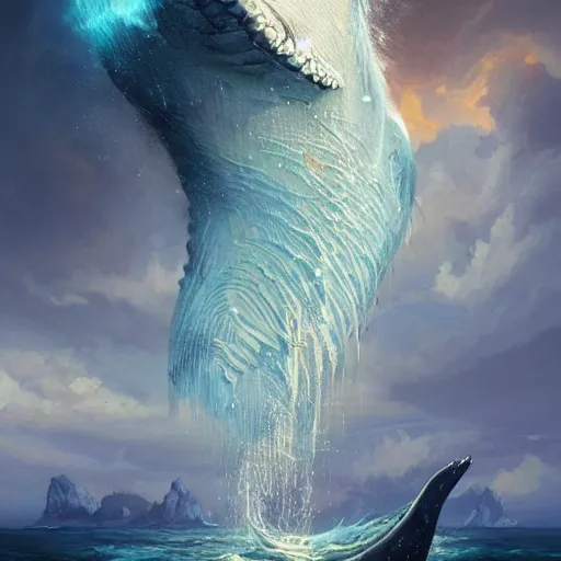 Image similar to decorative shrine of the humpback whale god of the sea, acanthus scroll, ceremonial clouds, dripping paint, fibonacci rhythm, artstation, art germ, wlop, karol bak, christopher balaskas