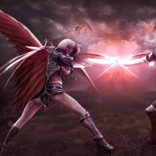 Image similar to an epic battle between a female angel and male demon locked in mortal combat flying through the air, cinematic, excellent lighting, fully rendered, clouds in the background