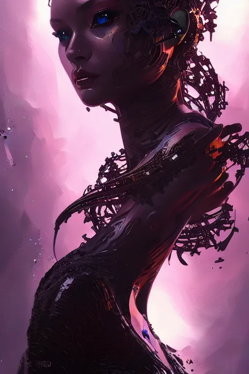 Image similar to beautiful female android in distress!, black shiny eyes, half portrait, background explosion, intricate detailed environment, floro details, intricate, elegant, highly detailed, digital painting, artstation, concept art, smooth, sharp focus, illustration, art by brian sum, greg rutkowski