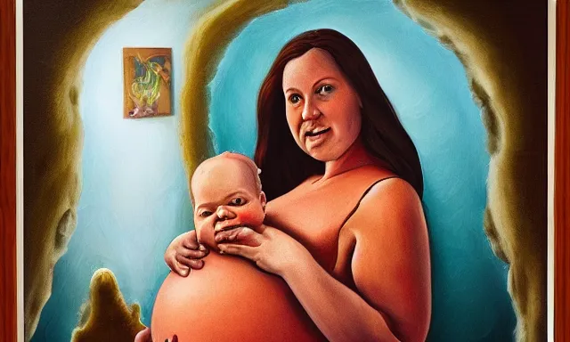 Image similar to pregnant woman in a doorway holding a flesh monstrosity like a baby fantasy painting