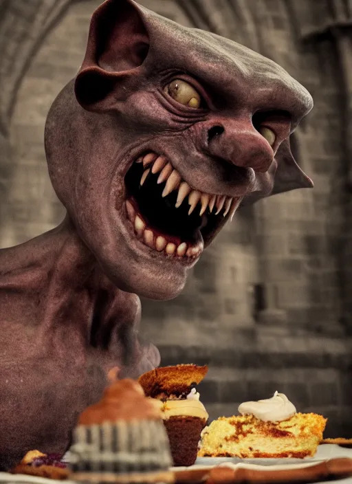 Prompt: closeup profile face portrait of a medieval goblin eating cakes in the cloisters, depth of field, zeiss lens, detailed, symmetrical, centered, fashion photoshoot, by by hyung tae, frank frazetta, bosch, giger, breathtaking, 8 k resolution, extremely detailed, beautiful, establishing shot, artistic, hyperrealistic, beautiful face, octane render