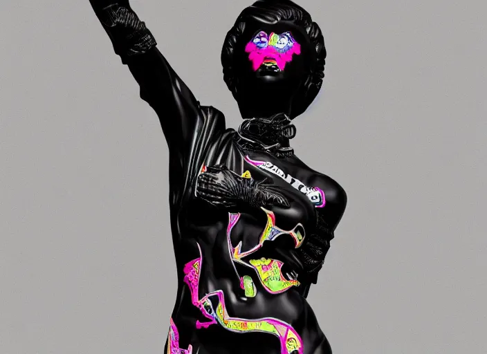 Image similar to black marble statue of a beautiful woman with colorful motocross logos in the style of virgil abloh, very very beautiful, detailed, off white, heron preston, 8 k, 4 k, detailed, beautiful, symmetrical, vogue, editorial, fashion, magazine, model