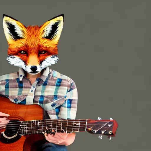 Image similar to a female fox animal, wearing cowboy hat, wearing plaid shirt, playing guitar, inside a barn, album cover style