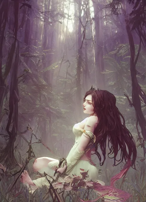 Image similar to a beautiful cute young demon princess in a forest, D&D, fantasy, intricate, cinematic lighting, highly detailed, digital painting, artstation, concept art, smooth, sharp focus, illustration, art by Terry Moore and Greg Rutkowski and Alphonse Mucha