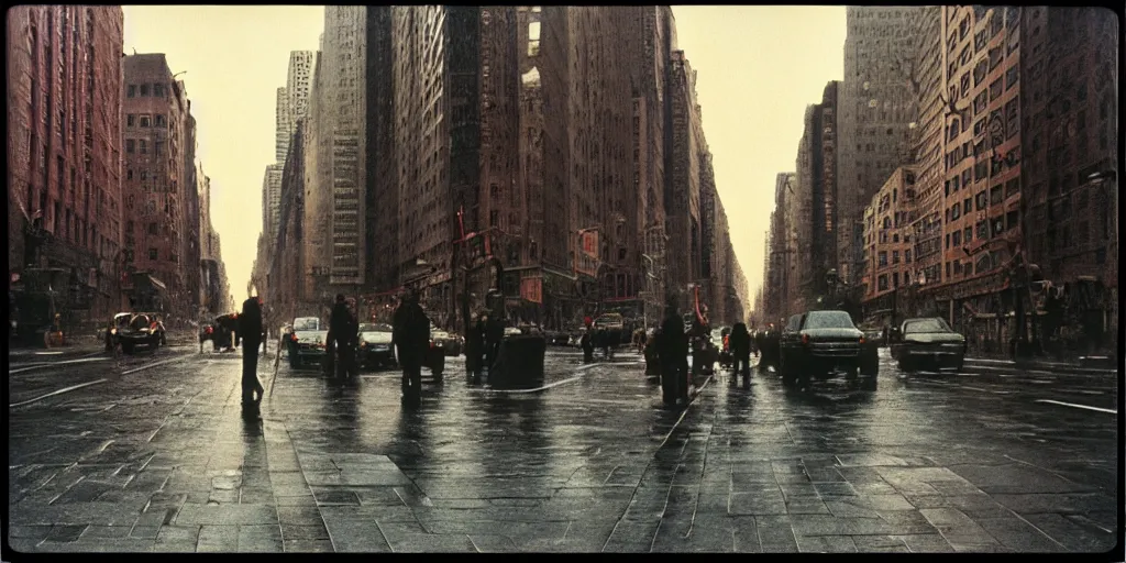 Prompt: detailed medium format photo, polaroid still from tarkovsky movie, a new york street scene, haze, high production value, intricate details, 8 k resolution, hyperrealistic, hdr, photorealistic, high definition, tehnicolor, award - winning photography, masterpiece, amazing colors