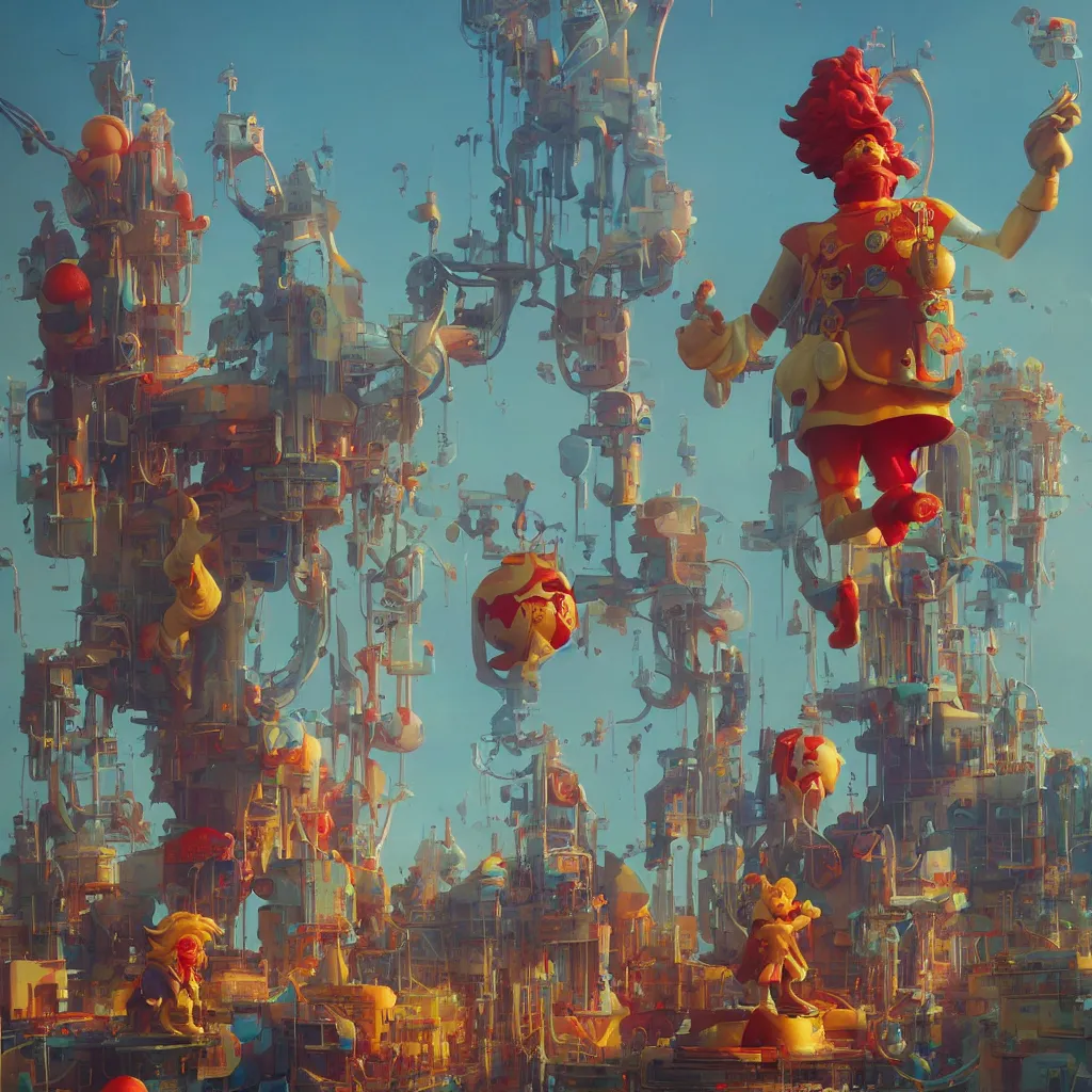 Image similar to ronald mcdonald statue in the world by beeple, darek zabrocki, tyler edlin, jordan grimmer, neil blevins, james paick, natasha tan, highly detailed, ultra detailed, ultra realistic, trending on artstation