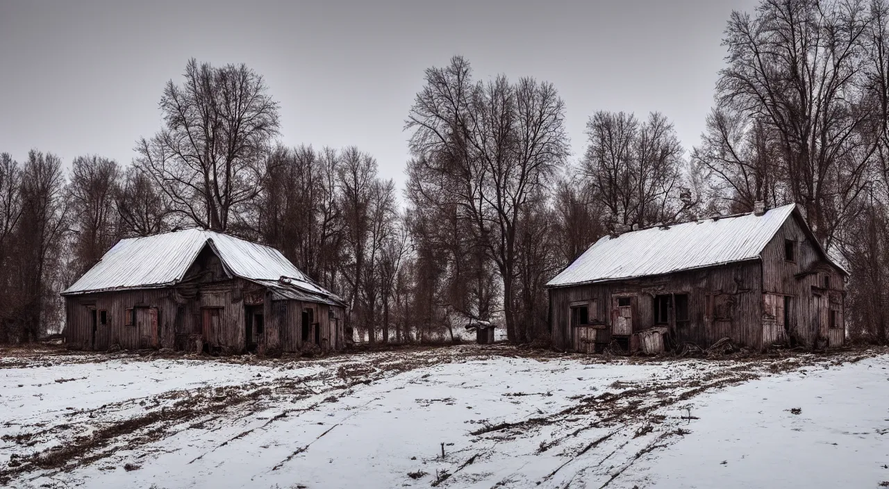 Prompt: russian house, farm, abandoned, lifeless, winter, mud, atmospheric, mystical, very detailed 4 k