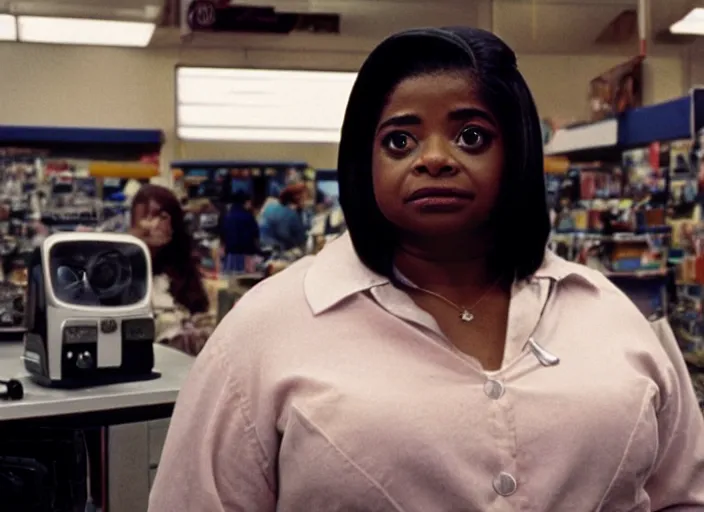 Image similar to cinematic shot of octavia spencer in an small used electronics store, iconic scene from the paranoid thriller sci fi film directed by stanley kubrick, anamorphic cinematography, beautiful composition, color theory, leading lines, photorealistic, volumetric lighting, f / 2 2