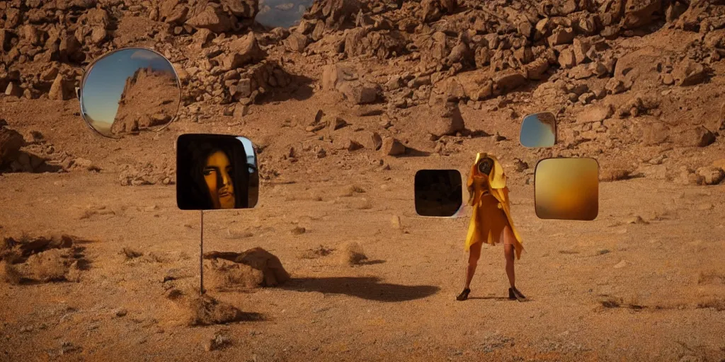 Image similar to levitating woman with full - face golden mask in a dry rocky desert landscape, visible sky and sunny atmosphere, fata morgana and giant square mirrors by alejandro jodorowsky, anamorphic lens, kodakchrome, practical effects, masterpiece, 8 k