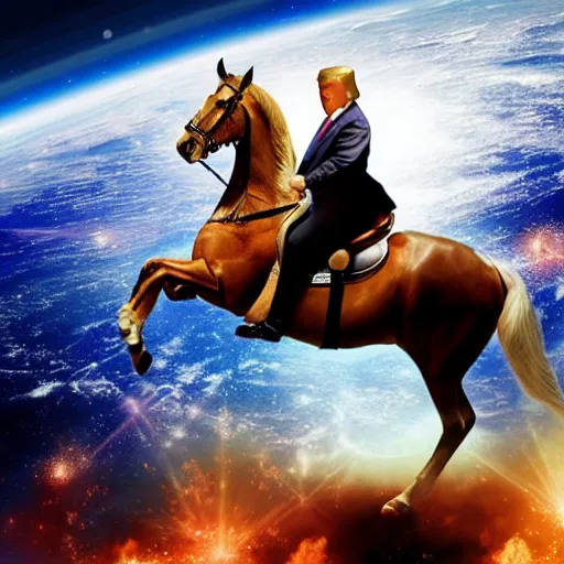 Prompt: donald trump riding a horse in space, hd photo