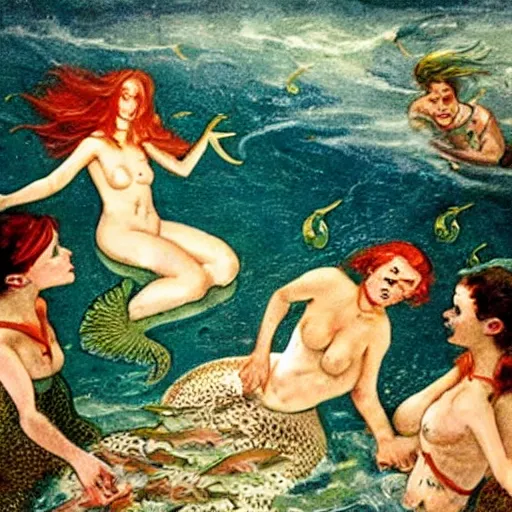 Prompt: beautiful deadly mermaids drowning sailors and eating them. Horror