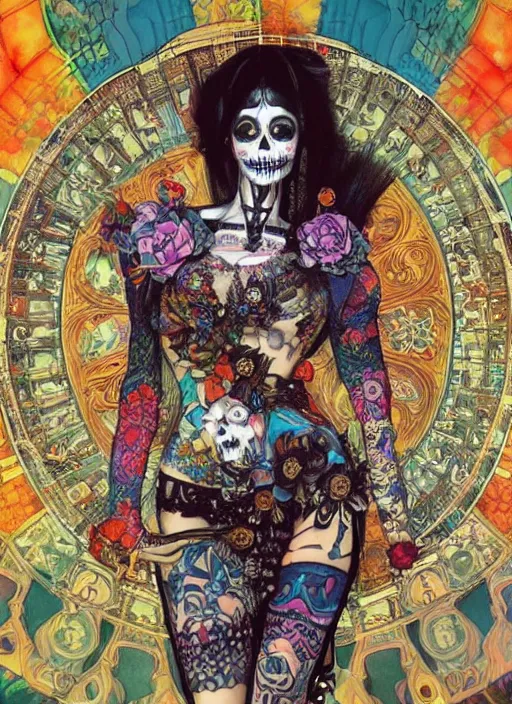 Image similar to cute punk goth fashion fractal Día de los Muertos tattooed girl posing in goth outfit by David Lachapelle, psychedelic poster art of by Victor Moscoso Rick Griffin Alphonse Mucha Gustav Klimt Ayami Kojima Amano Charlie Bowater, masterpiece