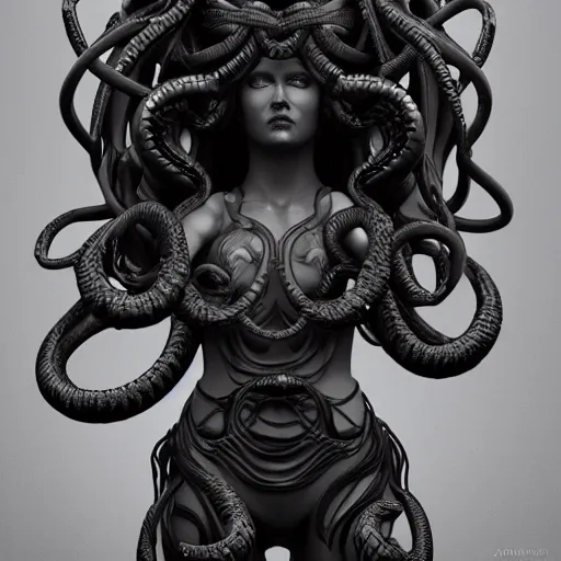 Image similar to concept art of hard surface statue of gorgeous medusa gorgon, black onyx details, black and gold wires, by jama jurabaev, hyper realistic render, super detailed, photo quality, octane render, corona render