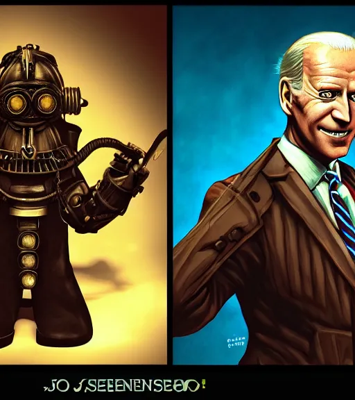 Prompt: joe biden cosplaying bioshock, by artgerm, by simon stalengrad, bioshock screenshot, steampunk, patriot