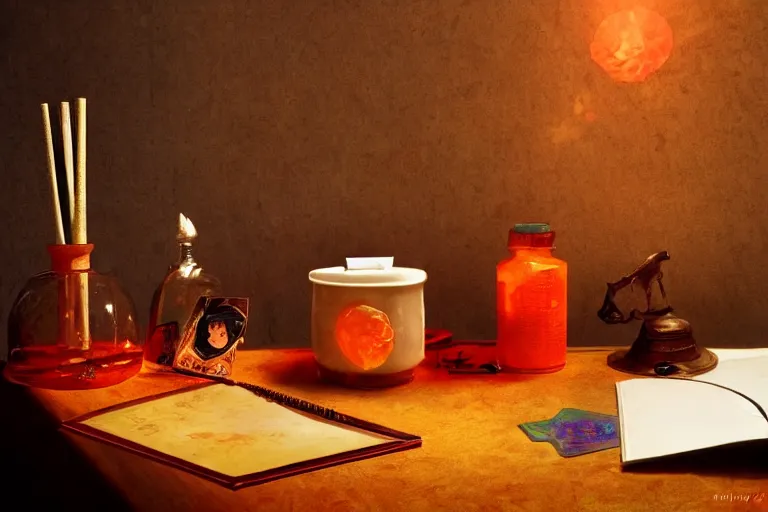 Prompt: office desk with a spilled glowing orange potion, 1 2 th century fantasy photograph, featured on pixiv, magical potion