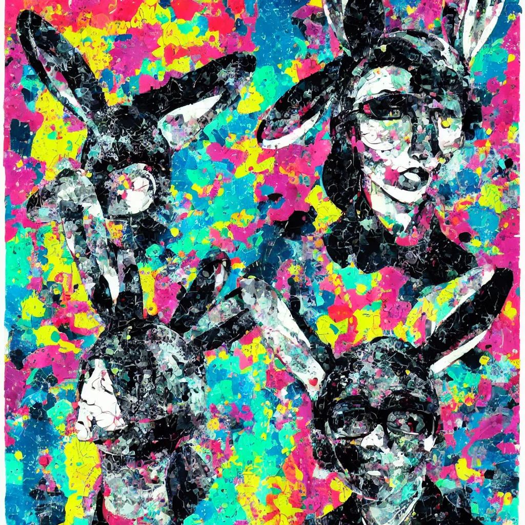 Image similar to person wearing bunny ear hat, abstract, jet set radio artwork, ryuta ueda artwork, cryptic, rips, spots, asymmetry, stipple, lines, glitches, color tearing, pitch bending, stripes, dark, ominous, eerie, hearts, minimal, points, technical, natsumi mukai artwrok, folds