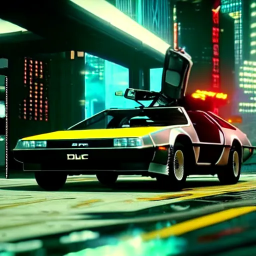 Image similar to flying dmc 1 2 delorean in cyberpunk 2 0 7 7