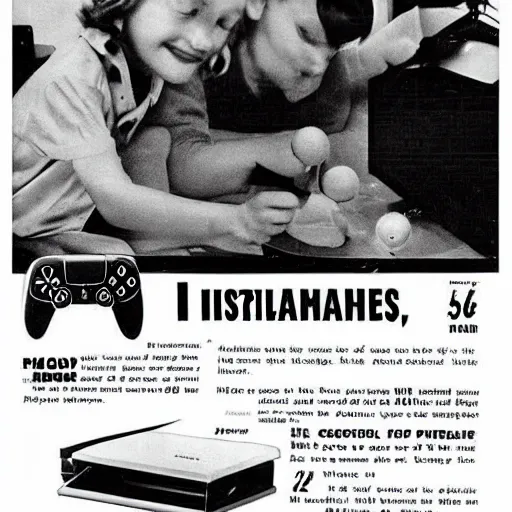 Image similar to 1 9 6 0's magazine ad featuring a photo of a playstation 5. 3 5 mm, black and white, advertising photography