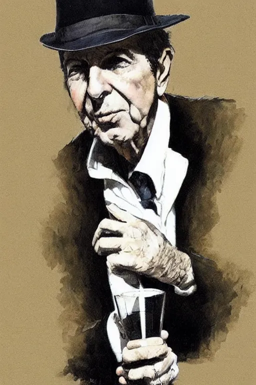 Prompt: “portrait of Leonard Cohen, impeccably dressed, wearing trilby hat, by Robert McGinnis”