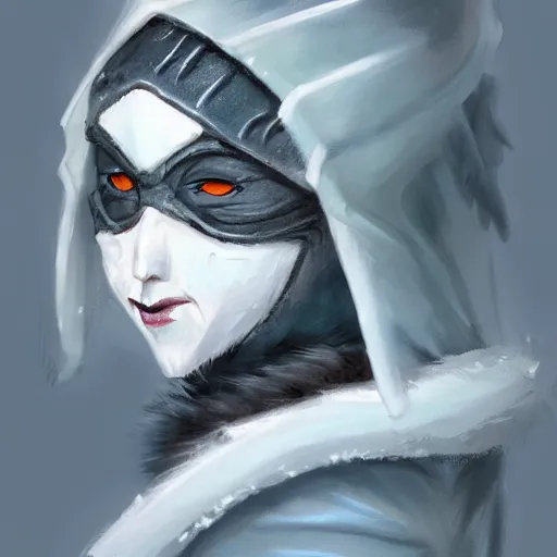 Image similar to a fantasy snow bandit from ‘ icewind dale ’ with a mask on, frost gem, ‘ icewind dale 2 ’ profile portrait by ‘ justin sweet ’, falling snow, soft focus, illustrated, oil paint, artstation