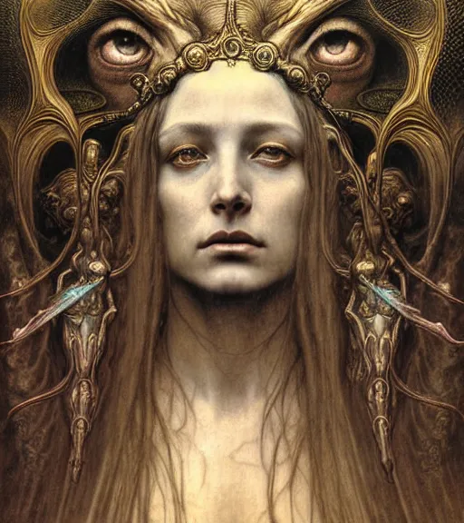 Prompt: detailed realistic beautiful young medieval queen of mars face portrait by jean delville, gustave dore and marco mazzoni, art nouveau, symbolist, visionary, gothic, pre - raphaelite. horizontal symmetry by zdzisław beksinski, iris van herpen, raymond swanland and alphonse mucha. highly detailed, hyper - real, beautiful