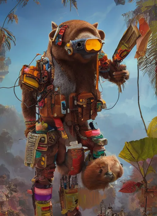 Prompt: cartoon, detailed full body concept art, illustration matte painting, an anthropomorphic capybara pilot in full intricate colorful clothing, ultra detailed, digital art, octane render, 4K, dystopian, biomutant, micro details