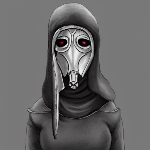 Image similar to female plague doctor donning a black hood, steel armor and a white crow mask, trending on artstation