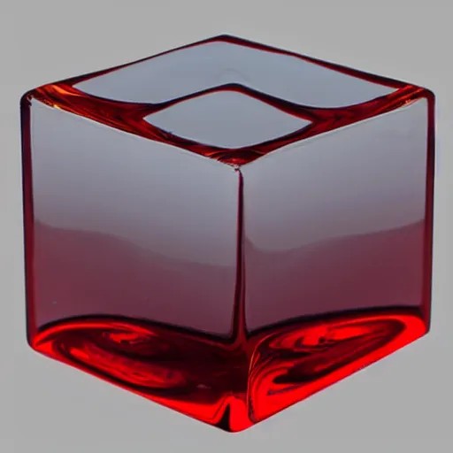 Image similar to transparent cube half filled with turbulent red liquid inside in a transparent twisted sphere