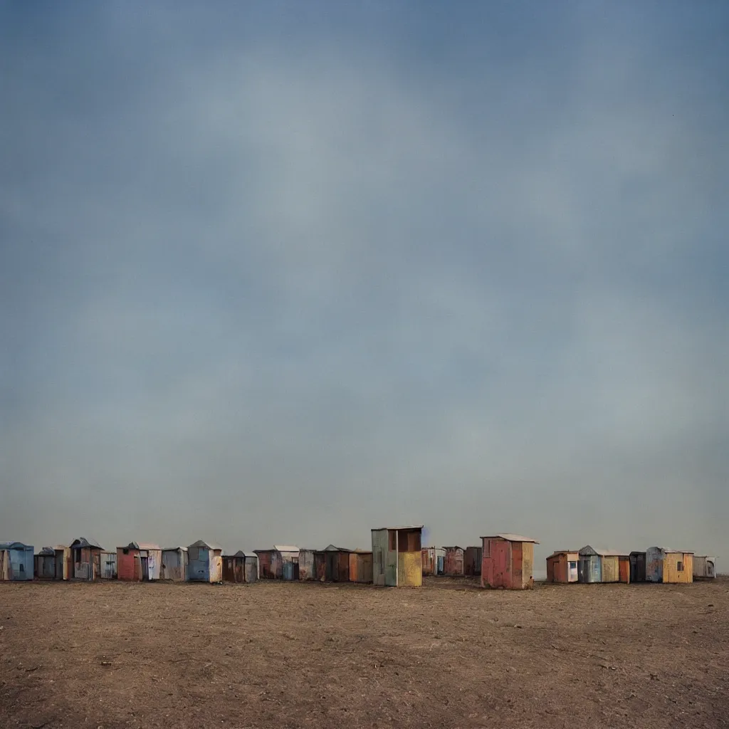 Image similar to towers made up of makeshift squatter shacks with pastel colours, plain uniform sky at the back, misty, mamiya rb 6 7, ultra sharp, very detailed, photographed by alejandro jodorowsky