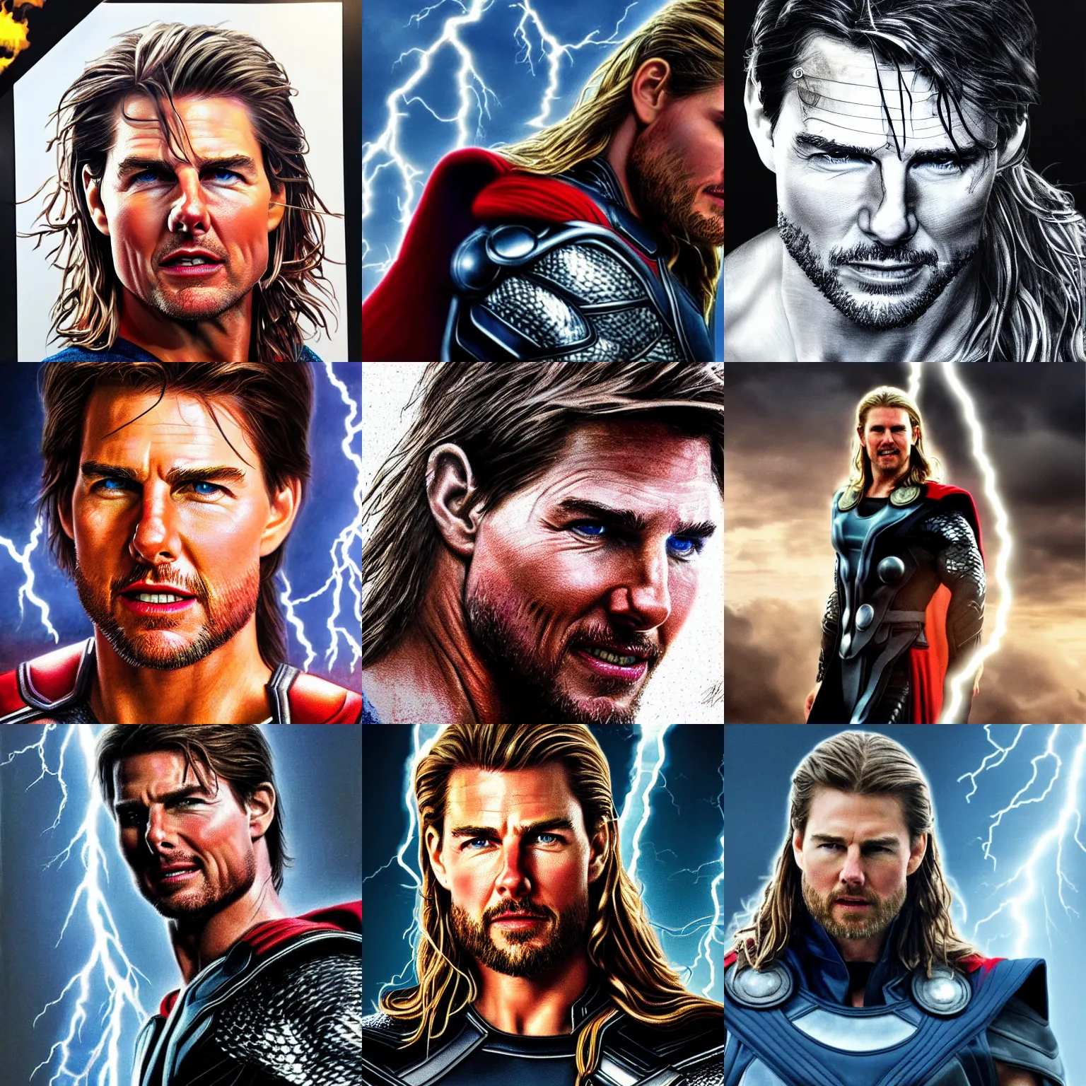 Prompt: Tom Cruise playing the role of Thor, lightning strikes, hyperrealism, detailed, 4k