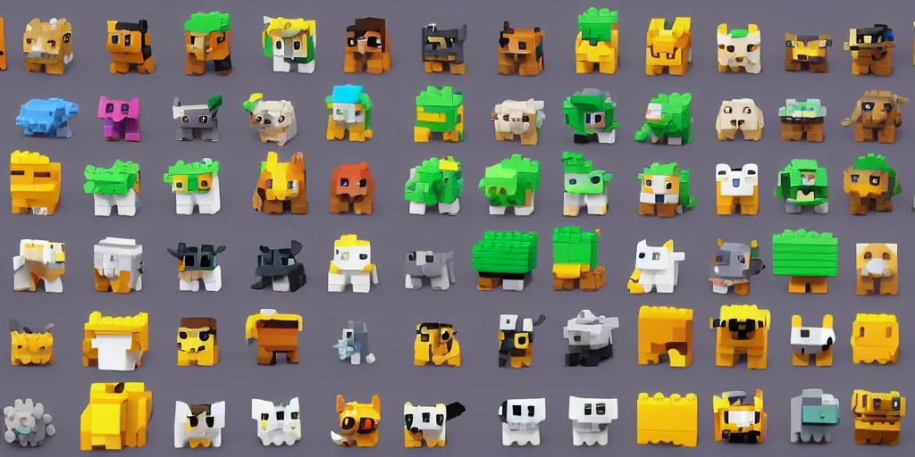 Image similar to small creatures made of a single brick, four legged, big cute eyes, quadrupedal, cute looking, kawaii, sharp focus, character sheet, game concept art, blocky, lego mixels, flat toon style like katamari damacy inspired, pokemon inspired, blocky like minecraft