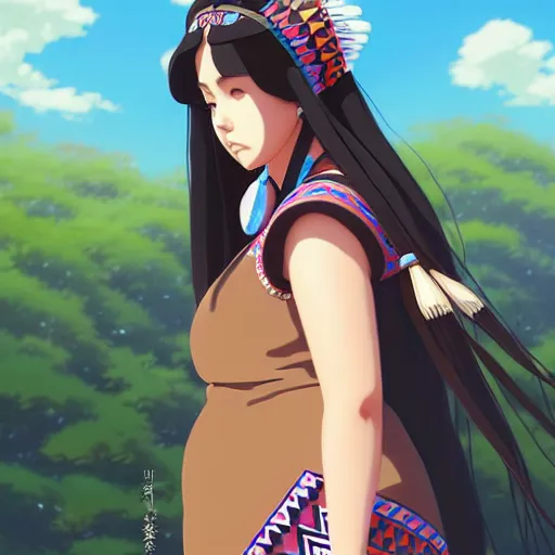 Image similar to a beautiful! plus sized native women instagram model, brown skin, wearing elegant catholic school girl designer fashion with mayan pattern and native style, aztec street fashion, gapmoe yandere grimdark, trending on pixiv fanbox, painted by greg rutkowski makoto shinkai takashi takeuchi studio ghibli, akihiko yoshida