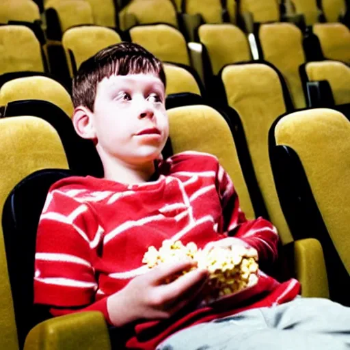Prompt: a boy sitting alone in a movie theater eating popcorn, in the style of doug, 1 9 9 0 s cartoon,