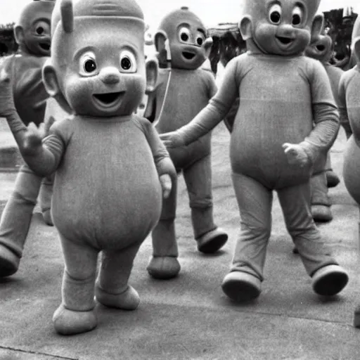 Image similar to old photo of teletubbies wearing japanese soldier gear