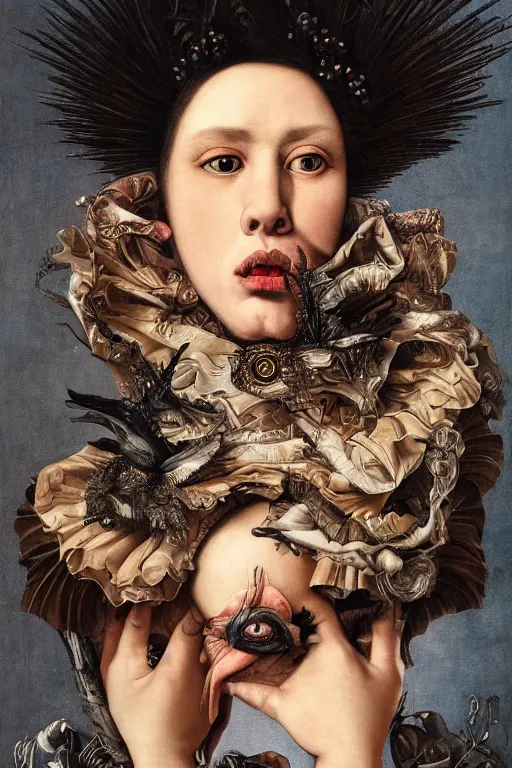 Image similar to Detailed maximalist portrait with dark skin, with large lips and with large white eyes, exasperated expression, HD mixed media, 3D collage, highly detailed and intricate, surreal illustration in the style of Caravaggio, dark art, baroque