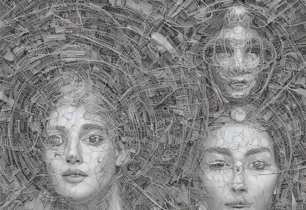 Image similar to The face of a very beautiful goddess radiating An artwork made from layers of technical drawings and architectural plans, very detailed and intricate with callout texts, leaders, arrows and bubbles by Kim Jung Gi, 8k, xparticles